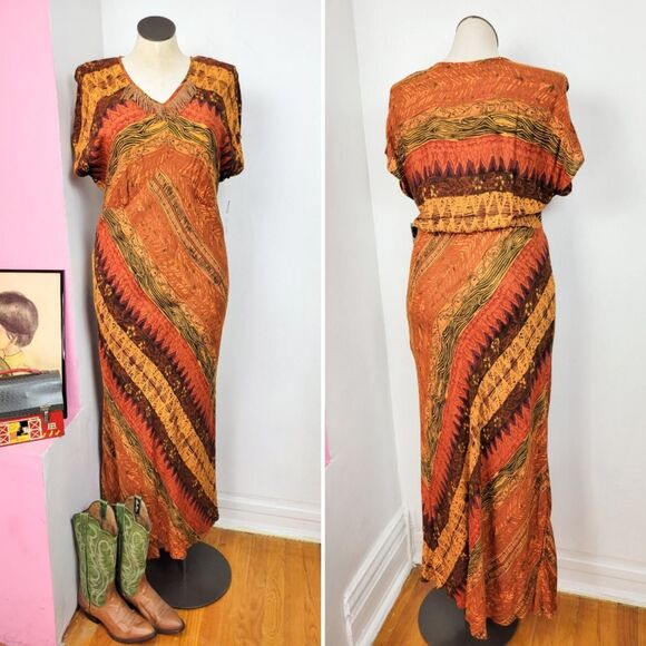 Vintage 90s Deadstock Orange Printed Southwestern Style Maxi Dress - Picture 2 of 6